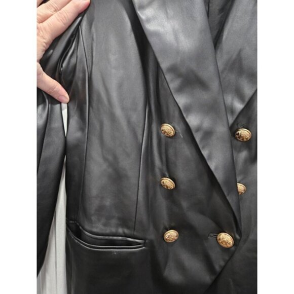 Vintage Express Black Faux Leather Novelty Gold Button Jacket Size M Vegan - Picture 2 of 4